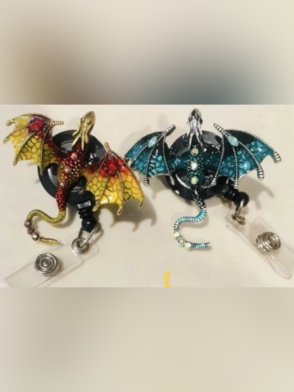 for 2 Dragon Nurse ID Badge Reel Holders Alligator Clips Full Swivel Red Blue
